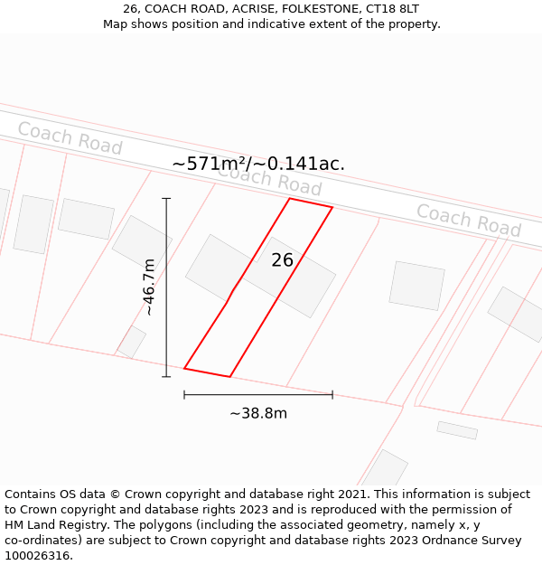 26, COACH ROAD, ACRISE, FOLKESTONE, CT18 8LT: Plot and title map