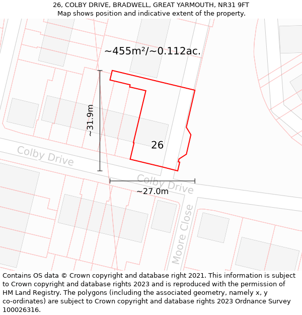 26, COLBY DRIVE, BRADWELL, GREAT YARMOUTH, NR31 9FT: Plot and title map