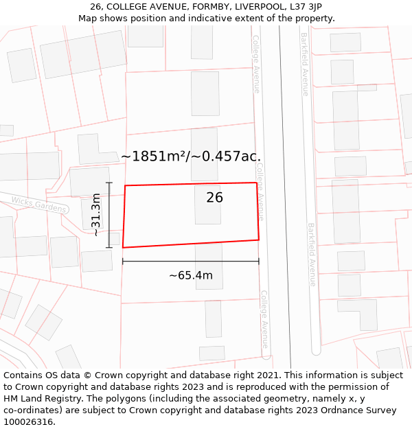 26, COLLEGE AVENUE, FORMBY, LIVERPOOL, L37 3JP: Plot and title map