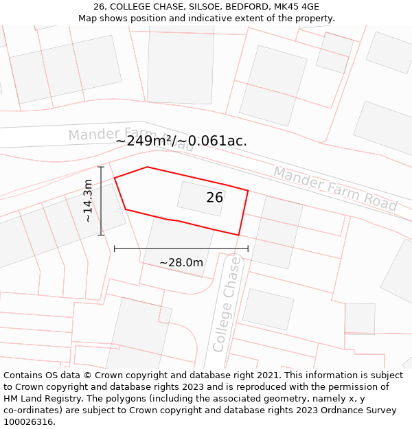 26, COLLEGE CHASE, SILSOE, BEDFORD, MK45 4GE: Plot and title map