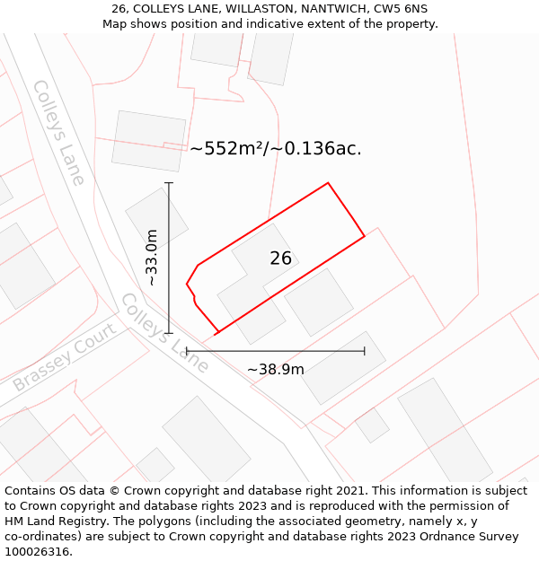 26, COLLEYS LANE, WILLASTON, NANTWICH, CW5 6NS: Plot and title map