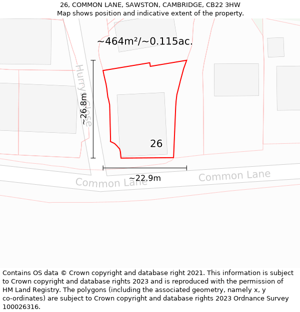 26, COMMON LANE, SAWSTON, CAMBRIDGE, CB22 3HW: Plot and title map