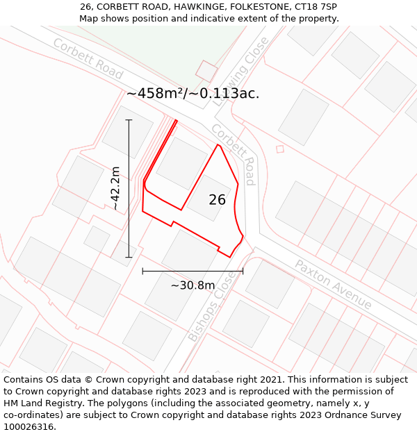 26, CORBETT ROAD, HAWKINGE, FOLKESTONE, CT18 7SP: Plot and title map