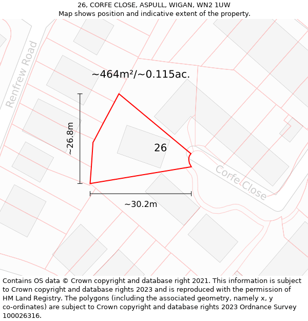 26, CORFE CLOSE, ASPULL, WIGAN, WN2 1UW: Plot and title map