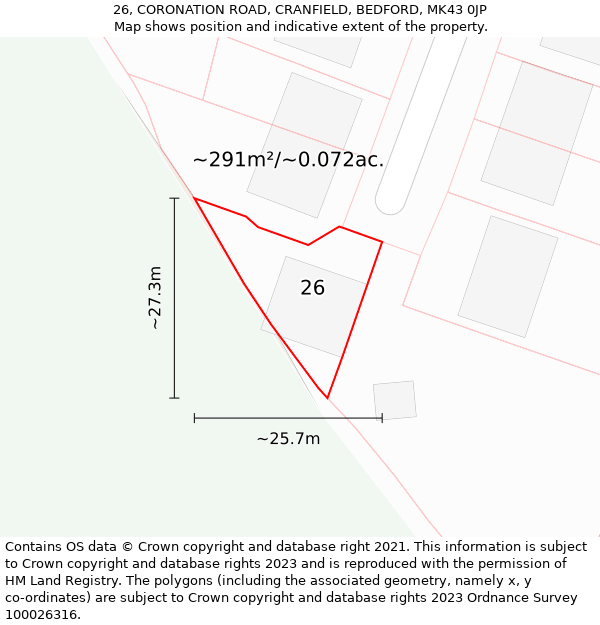 26, CORONATION ROAD, CRANFIELD, BEDFORD, MK43 0JP: Plot and title map