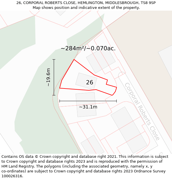 26, CORPORAL ROBERTS CLOSE, HEMLINGTON, MIDDLESBROUGH, TS8 9SP: Plot and title map