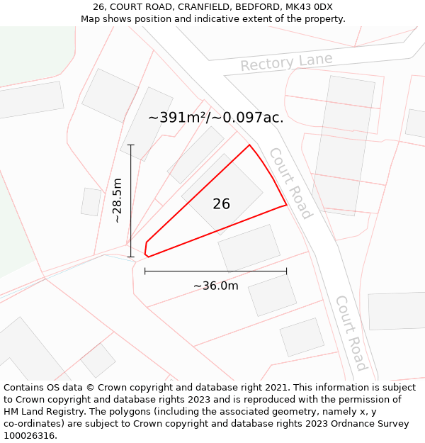 26, COURT ROAD, CRANFIELD, BEDFORD, MK43 0DX: Plot and title map