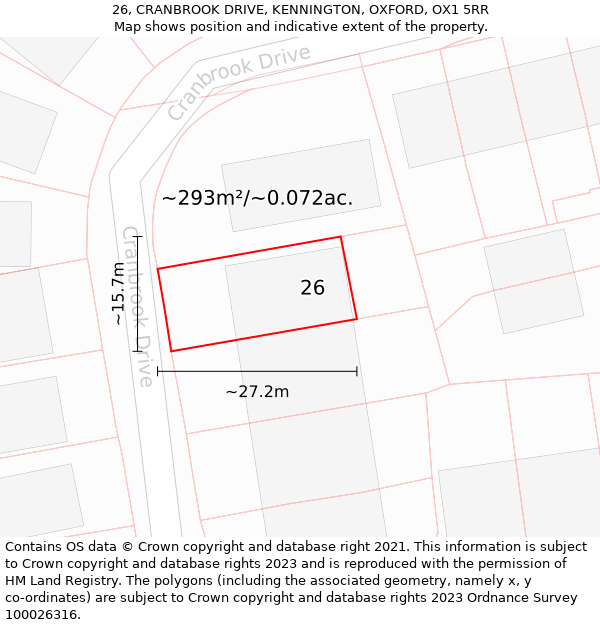 26, CRANBROOK DRIVE, KENNINGTON, OXFORD, OX1 5RR: Plot and title map