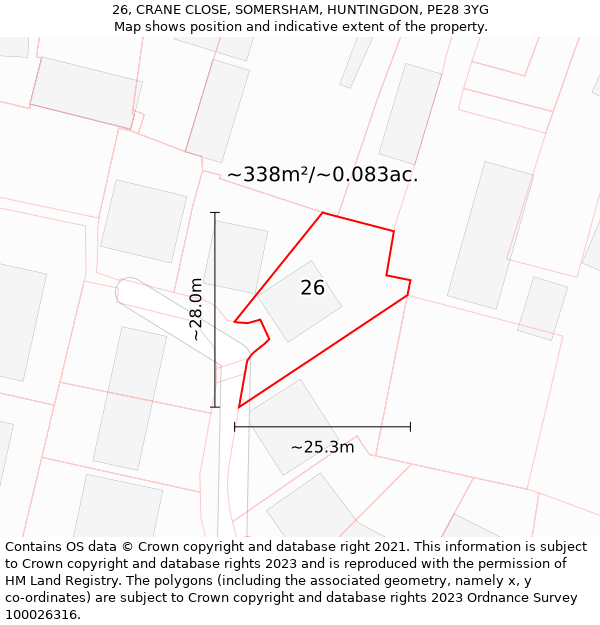 26, CRANE CLOSE, SOMERSHAM, HUNTINGDON, PE28 3YG: Plot and title map