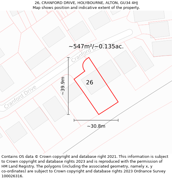 26, CRANFORD DRIVE, HOLYBOURNE, ALTON, GU34 4HJ: Plot and title map