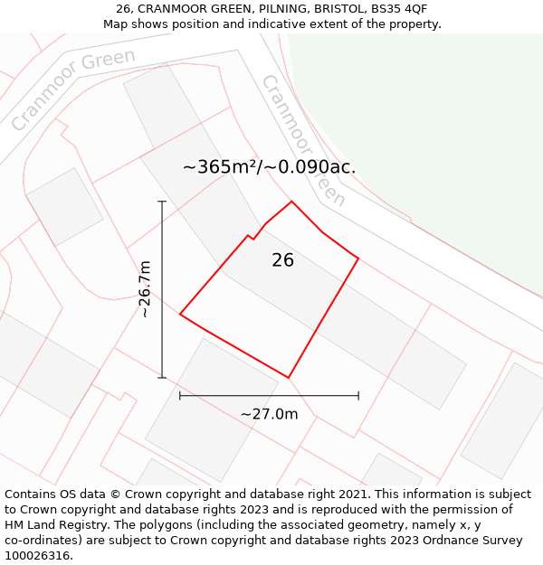 26, CRANMOOR GREEN, PILNING, BRISTOL, BS35 4QF: Plot and title map