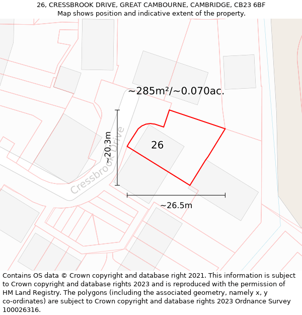 26, CRESSBROOK DRIVE, GREAT CAMBOURNE, CAMBRIDGE, CB23 6BF: Plot and title map