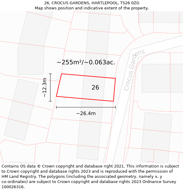 26, CROCUS GARDENS, HARTLEPOOL, TS26 0ZG: Plot and title map