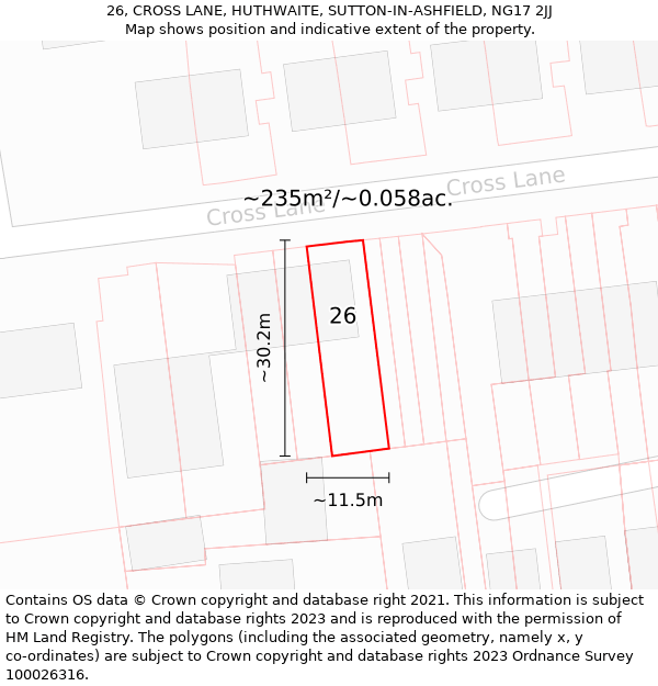 26, CROSS LANE, HUTHWAITE, SUTTON-IN-ASHFIELD, NG17 2JJ: Plot and title map