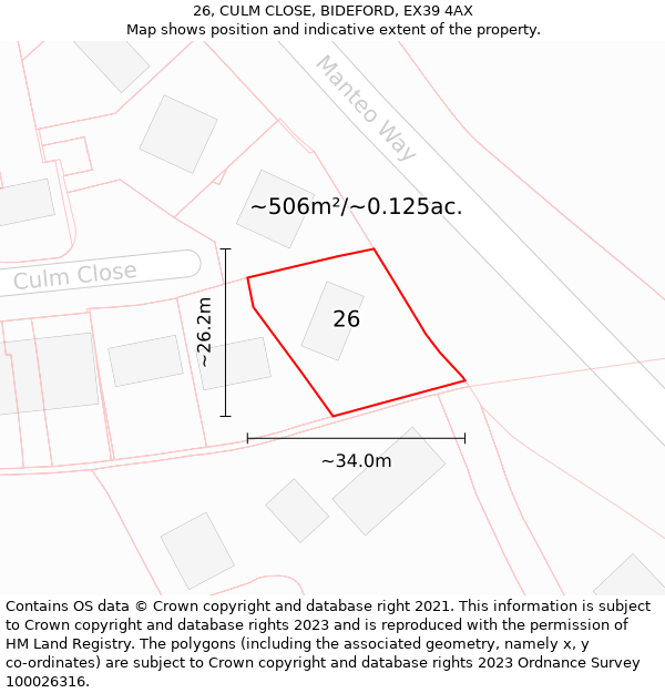 26, CULM CLOSE, BIDEFORD, EX39 4AX: Plot and title map