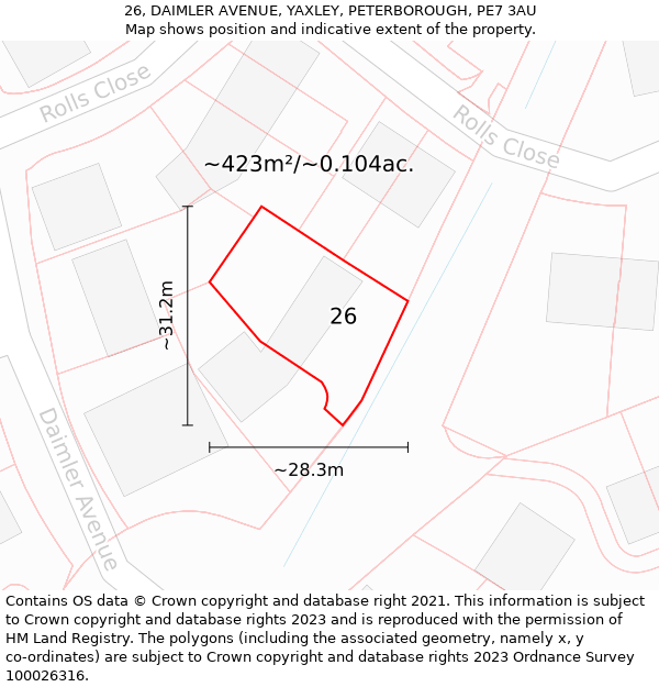 26, DAIMLER AVENUE, YAXLEY, PETERBOROUGH, PE7 3AU: Plot and title map