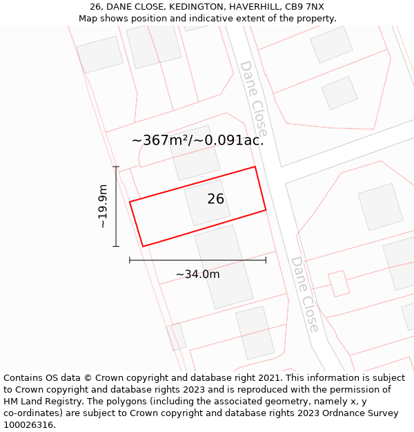 26, DANE CLOSE, KEDINGTON, HAVERHILL, CB9 7NX: Plot and title map