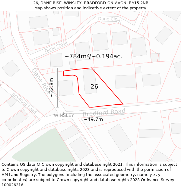 26, DANE RISE, WINSLEY, BRADFORD-ON-AVON, BA15 2NB: Plot and title map