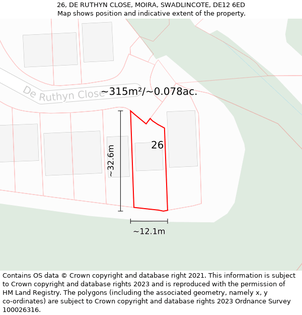 26, DE RUTHYN CLOSE, MOIRA, SWADLINCOTE, DE12 6ED: Plot and title map