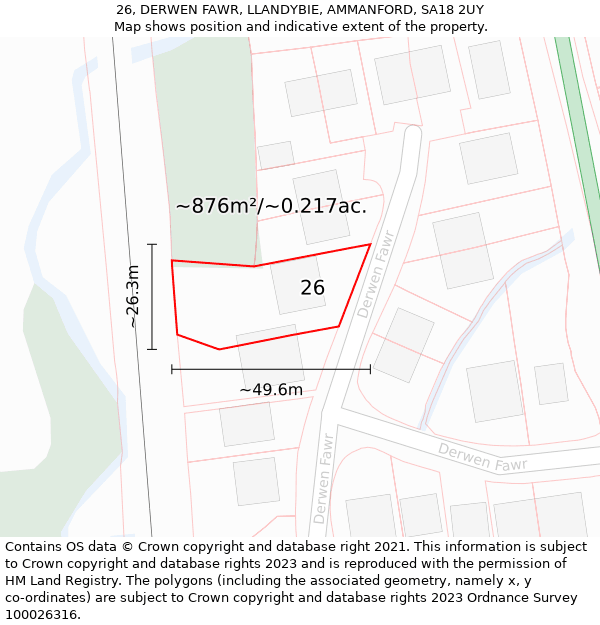 26, DERWEN FAWR, LLANDYBIE, AMMANFORD, SA18 2UY: Plot and title map