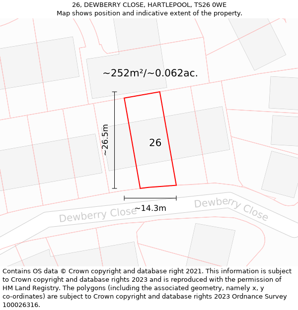26, DEWBERRY CLOSE, HARTLEPOOL, TS26 0WE: Plot and title map