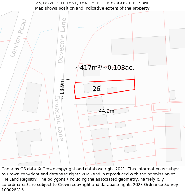 26, DOVECOTE LANE, YAXLEY, PETERBOROUGH, PE7 3NF: Plot and title map