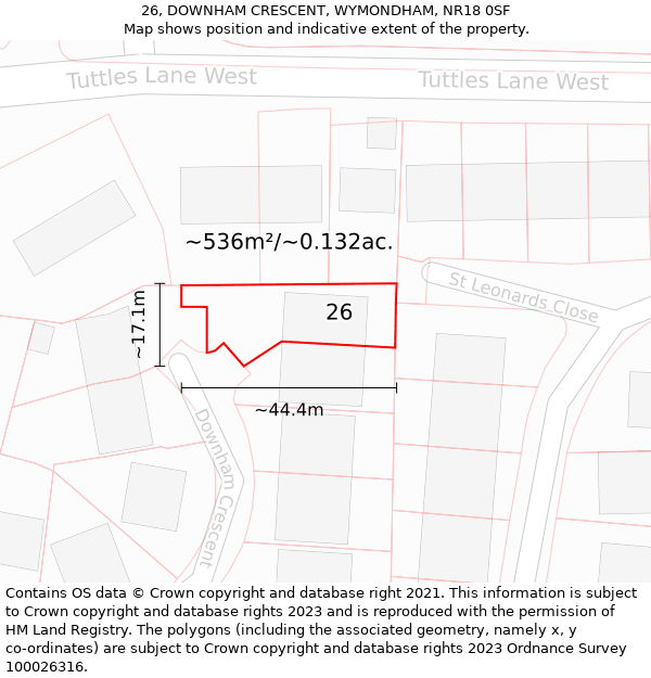 26, DOWNHAM CRESCENT, WYMONDHAM, NR18 0SF: Plot and title map