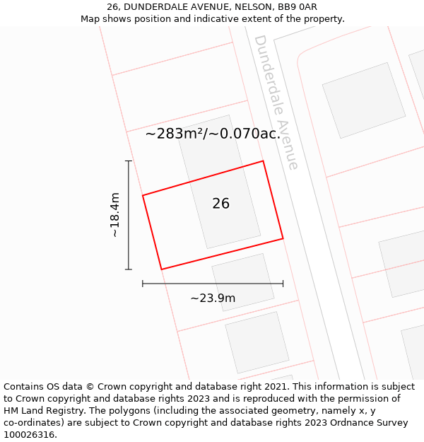 26, DUNDERDALE AVENUE, NELSON, BB9 0AR: Plot and title map