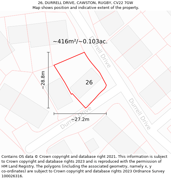 26, DURRELL DRIVE, CAWSTON, RUGBY, CV22 7GW: Plot and title map