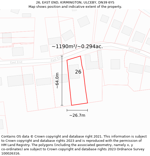 26, EAST END, KIRMINGTON, ULCEBY, DN39 6YS: Plot and title map