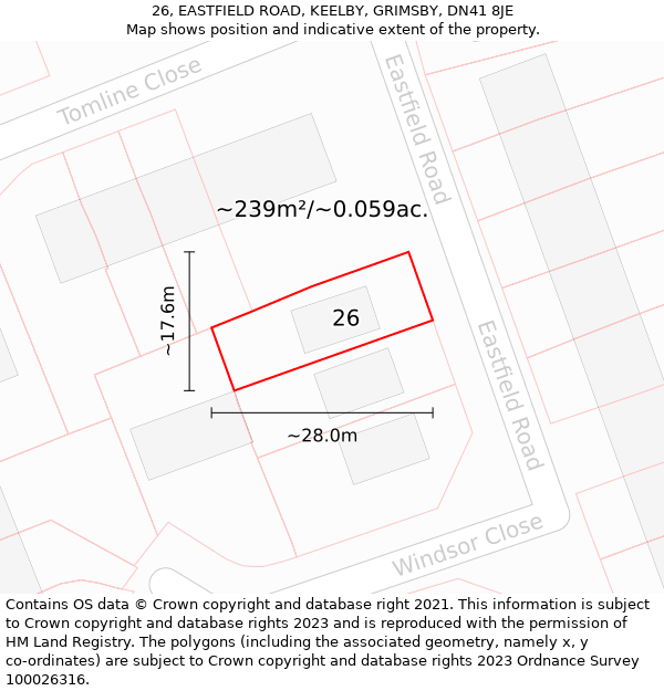 26, EASTFIELD ROAD, KEELBY, GRIMSBY, DN41 8JE: Plot and title map