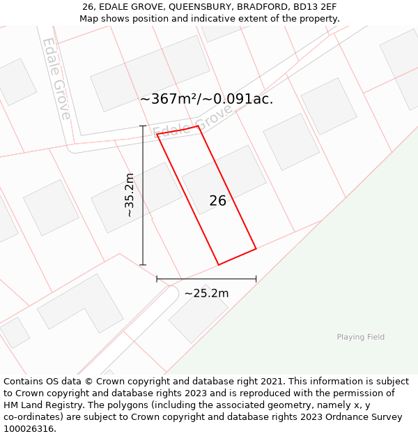 26, EDALE GROVE, QUEENSBURY, BRADFORD, BD13 2EF: Plot and title map