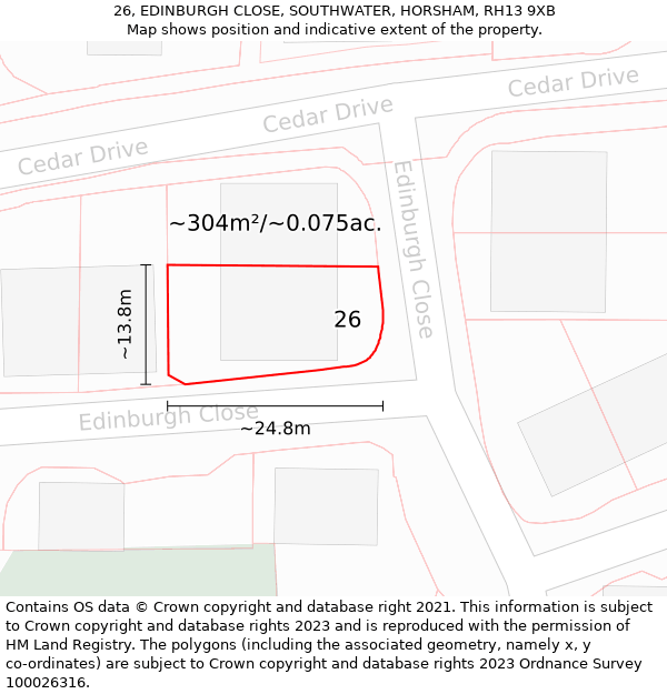 26, EDINBURGH CLOSE, SOUTHWATER, HORSHAM, RH13 9XB: Plot and title map