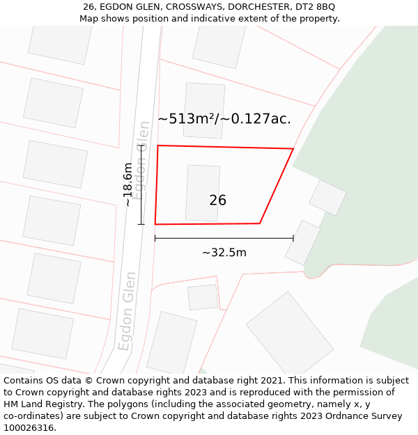 26, EGDON GLEN, CROSSWAYS, DORCHESTER, DT2 8BQ: Plot and title map