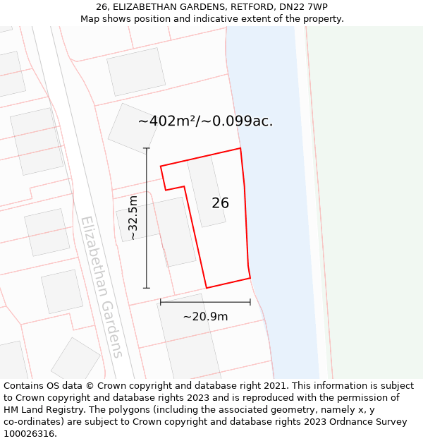 26, ELIZABETHAN GARDENS, RETFORD, DN22 7WP: Plot and title map