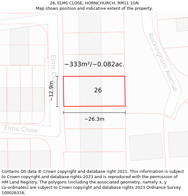 26, ELMS CLOSE, HORNCHURCH, RM11 1GN: Plot and title map