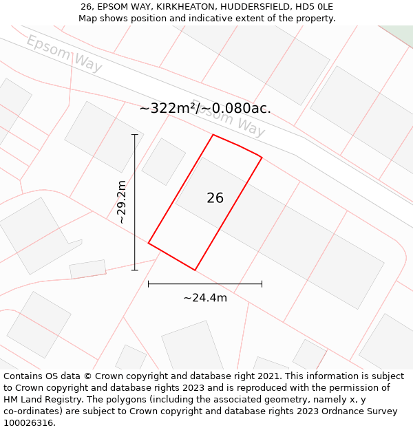 26, EPSOM WAY, KIRKHEATON, HUDDERSFIELD, HD5 0LE: Plot and title map