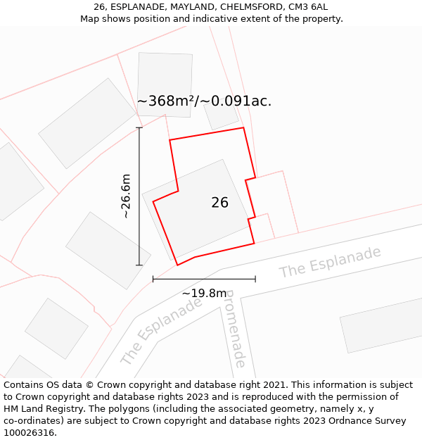 26, ESPLANADE, MAYLAND, CHELMSFORD, CM3 6AL: Plot and title map