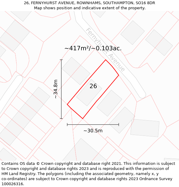 26, FERNYHURST AVENUE, ROWNHAMS, SOUTHAMPTON, SO16 8DR: Plot and title map