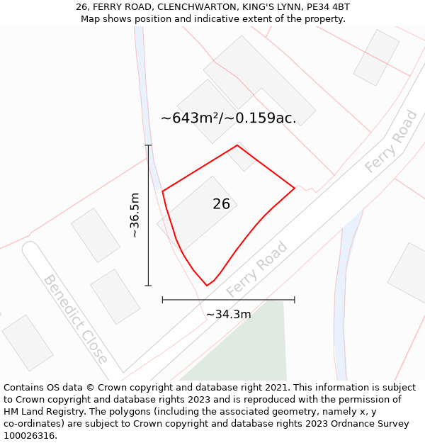 26, FERRY ROAD, CLENCHWARTON, KING'S LYNN, PE34 4BT: Plot and title map