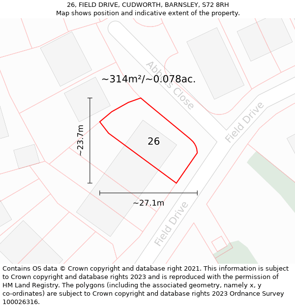 26, FIELD DRIVE, CUDWORTH, BARNSLEY, S72 8RH: Plot and title map