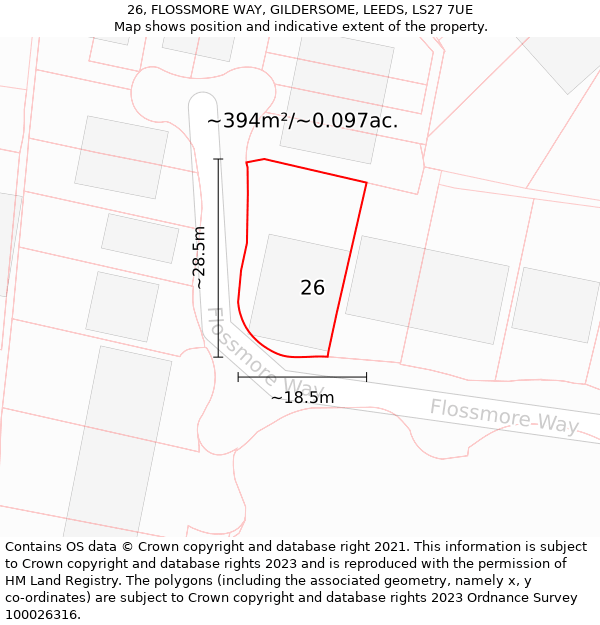 26, FLOSSMORE WAY, GILDERSOME, LEEDS, LS27 7UE: Plot and title map