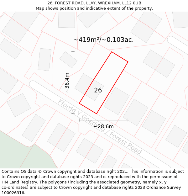 26, FOREST ROAD, LLAY, WREXHAM, LL12 0UB: Plot and title map