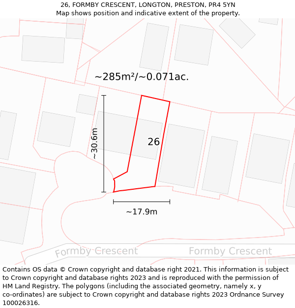 26, FORMBY CRESCENT, LONGTON, PRESTON, PR4 5YN: Plot and title map