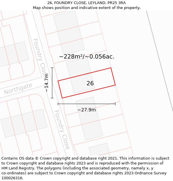 26, FOUNDRY CLOSE, LEYLAND, PR25 3RA: Plot and title map