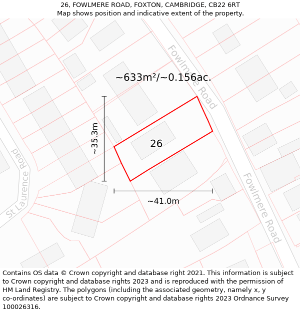 26, FOWLMERE ROAD, FOXTON, CAMBRIDGE, CB22 6RT: Plot and title map