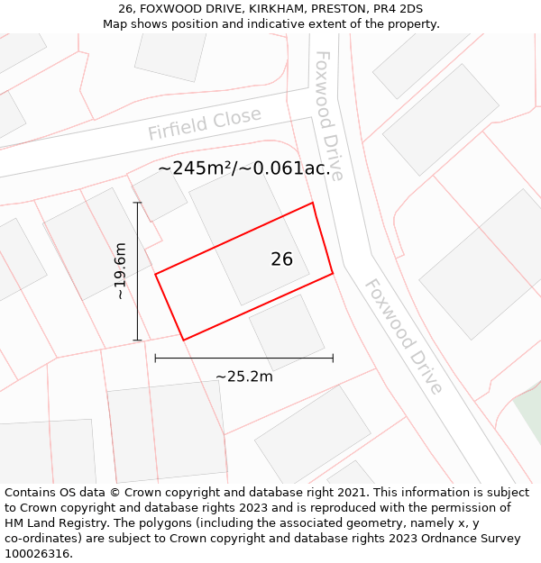 26, FOXWOOD DRIVE, KIRKHAM, PRESTON, PR4 2DS: Plot and title map