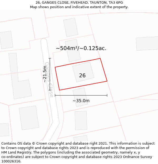 26, GANGES CLOSE, FIVEHEAD, TAUNTON, TA3 6PG: Plot and title map