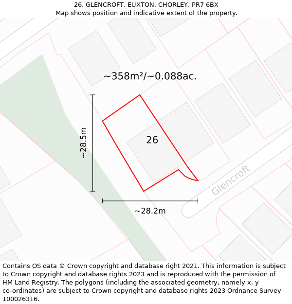 26, GLENCROFT, EUXTON, CHORLEY, PR7 6BX: Plot and title map