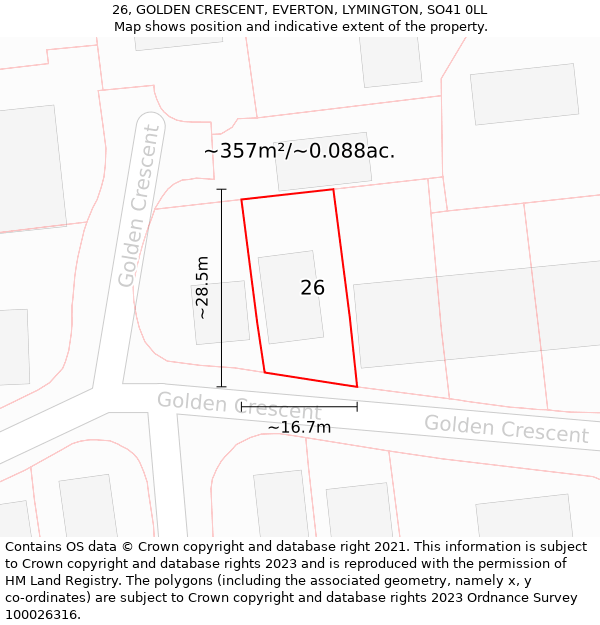 26, GOLDEN CRESCENT, EVERTON, LYMINGTON, SO41 0LL: Plot and title map